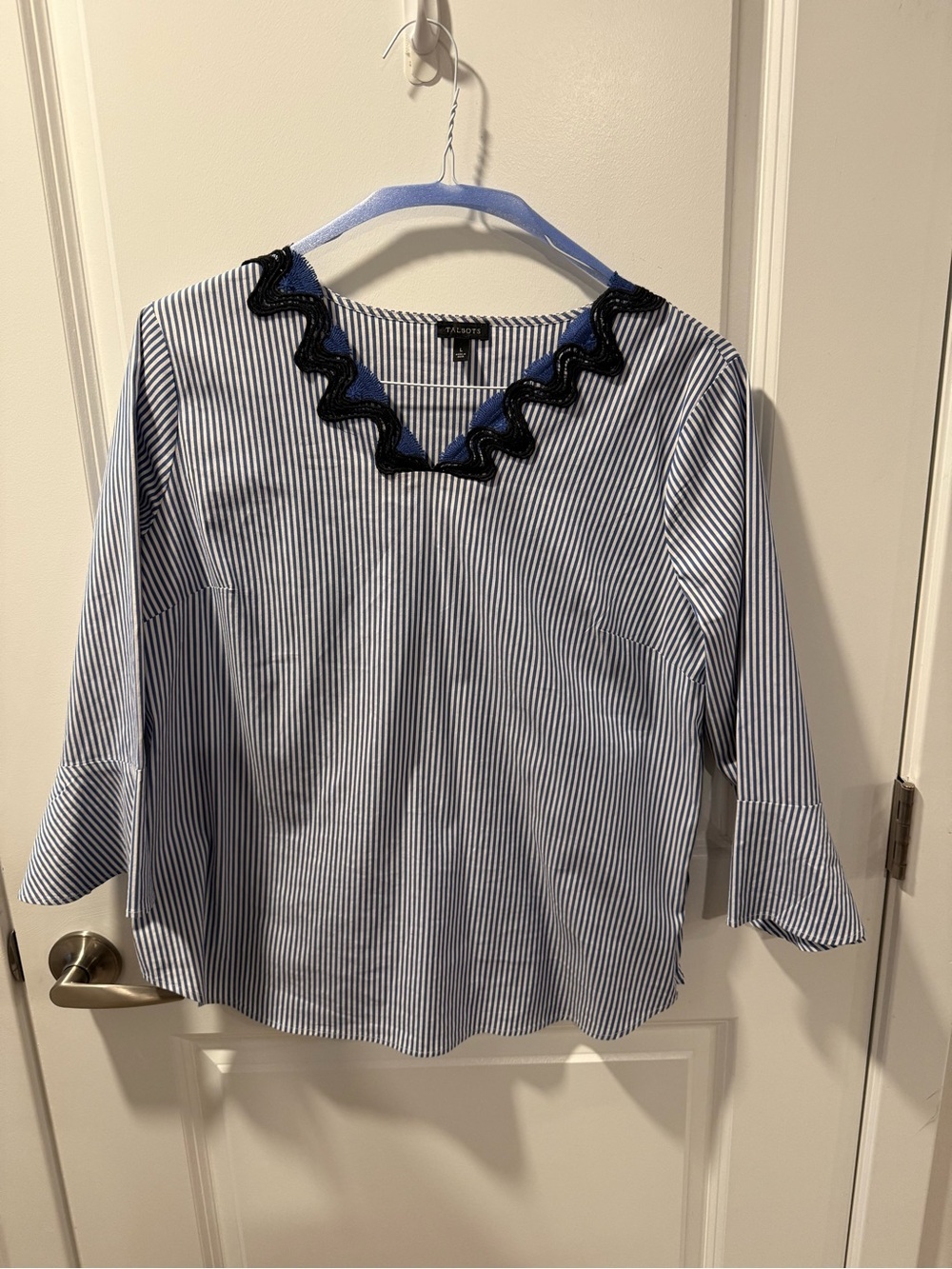 Talbots Blue and White Striped Bell-Sleeve Blouse with Scallop Trim
